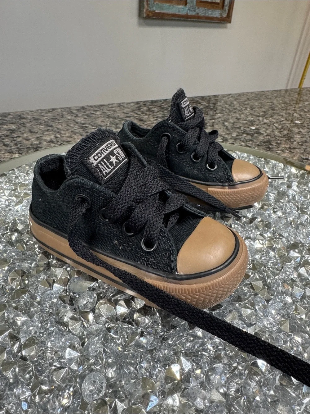 Converse baby toddler Black Sneakers with Tan Toe and Sole EUC 4